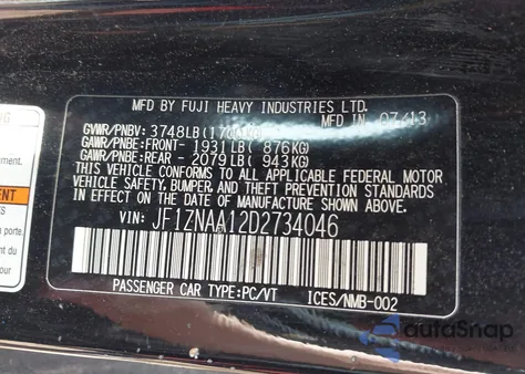 2013 Scion Fr-S из США, поврежденный, VIN JF1ZNAA12D2734046